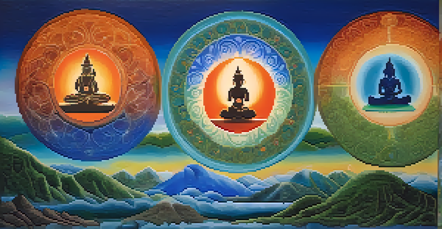 An illustration showing the three doshas of Ayurveda: Vata represented by air, Pitta by fire, and Kapha by earth, in a colorful background.