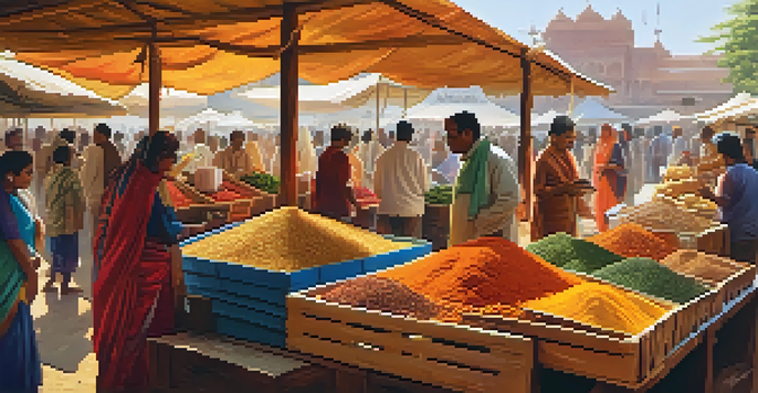 A busy market filled with colorful spices and fresh vegetables, with people interacting and sunlight streaming through.