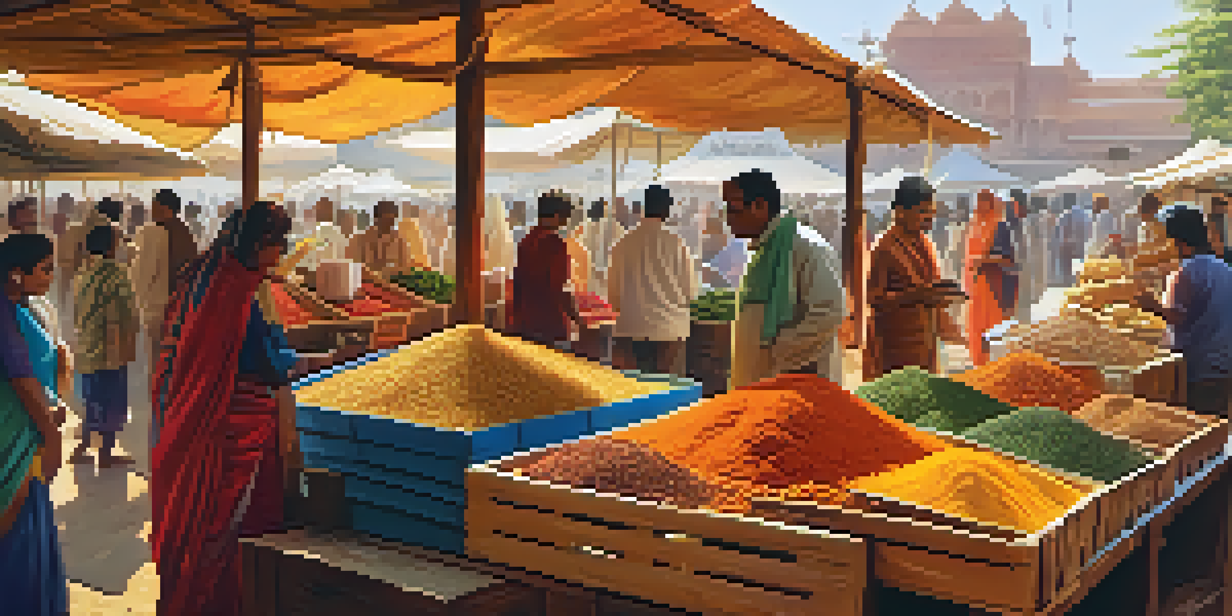 A busy market filled with colorful spices and fresh vegetables, with people interacting and sunlight streaming through.