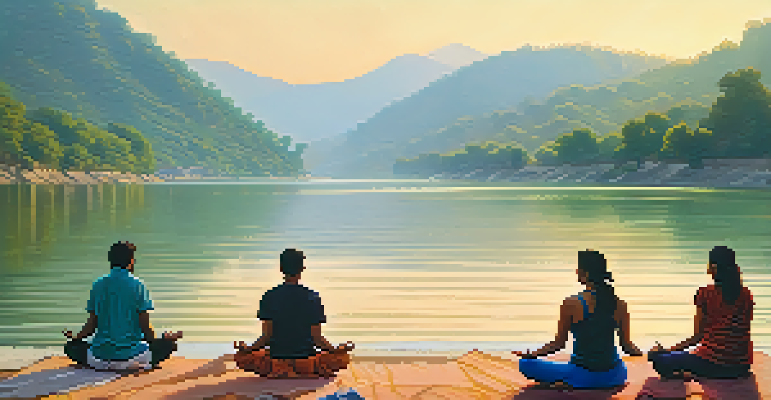 A peaceful scene of people practicing yoga by the Ganges River in Rishikesh at sunrise, with green hills in the background.