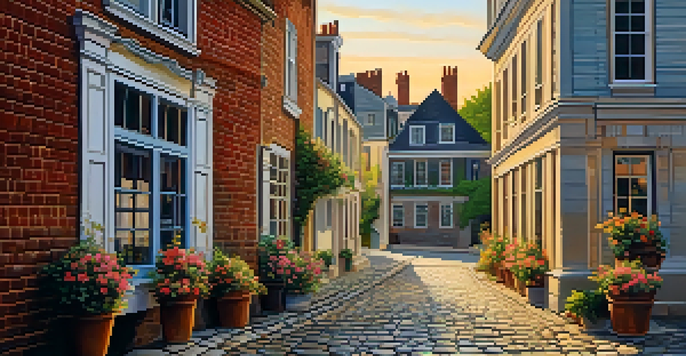 A scenic view of a cobblestone street in a historic district with 18th-century buildings and flowers in window boxes, illuminated by the golden light of sunset.