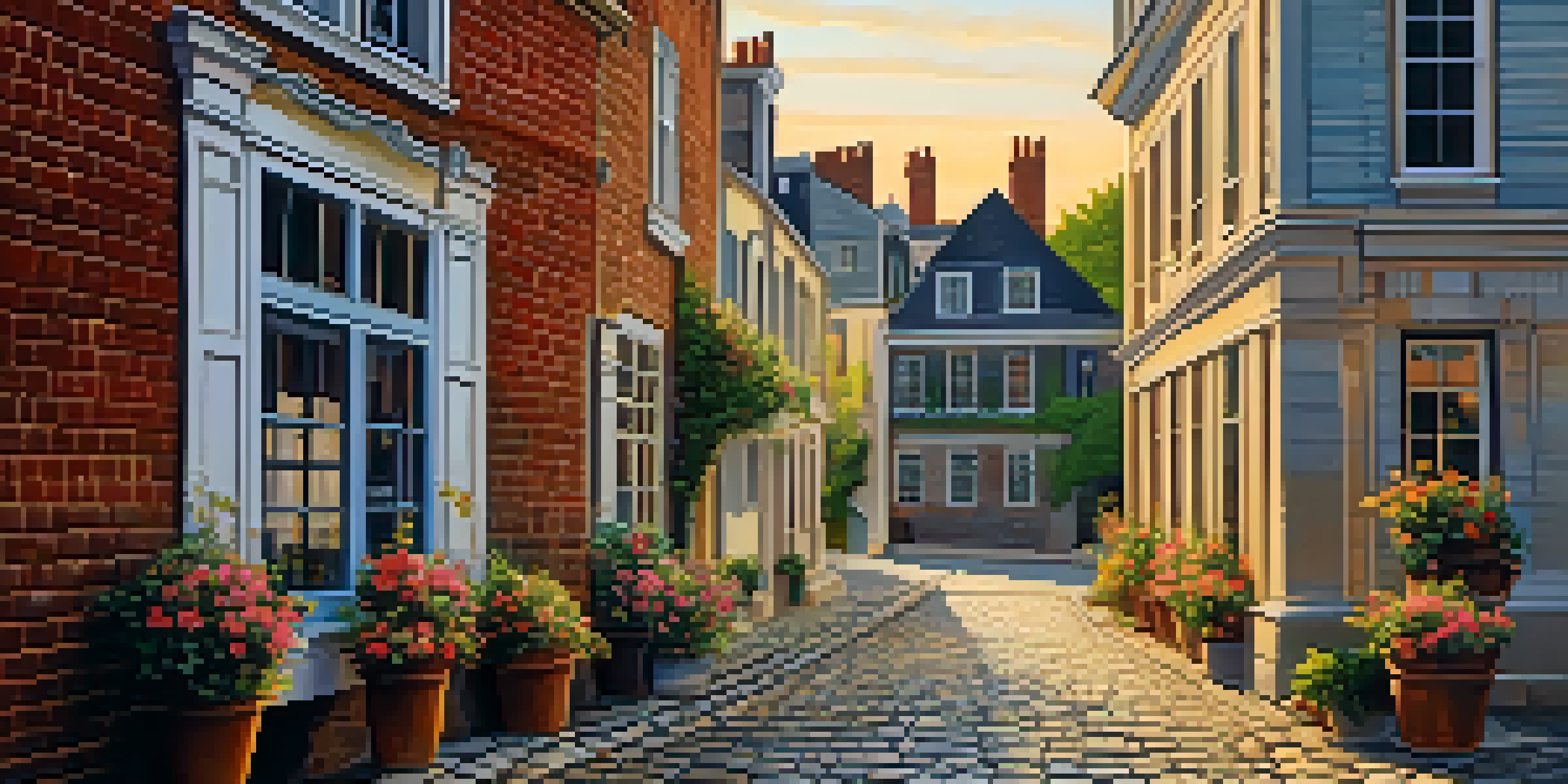 A scenic view of a cobblestone street in a historic district with 18th-century buildings and flowers in window boxes, illuminated by the golden light of sunset.