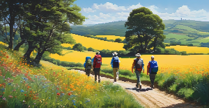 A group of diverse pilgrims walking on the Camino de Santiago, surrounded by green hills and wildflowers under a blue sky.