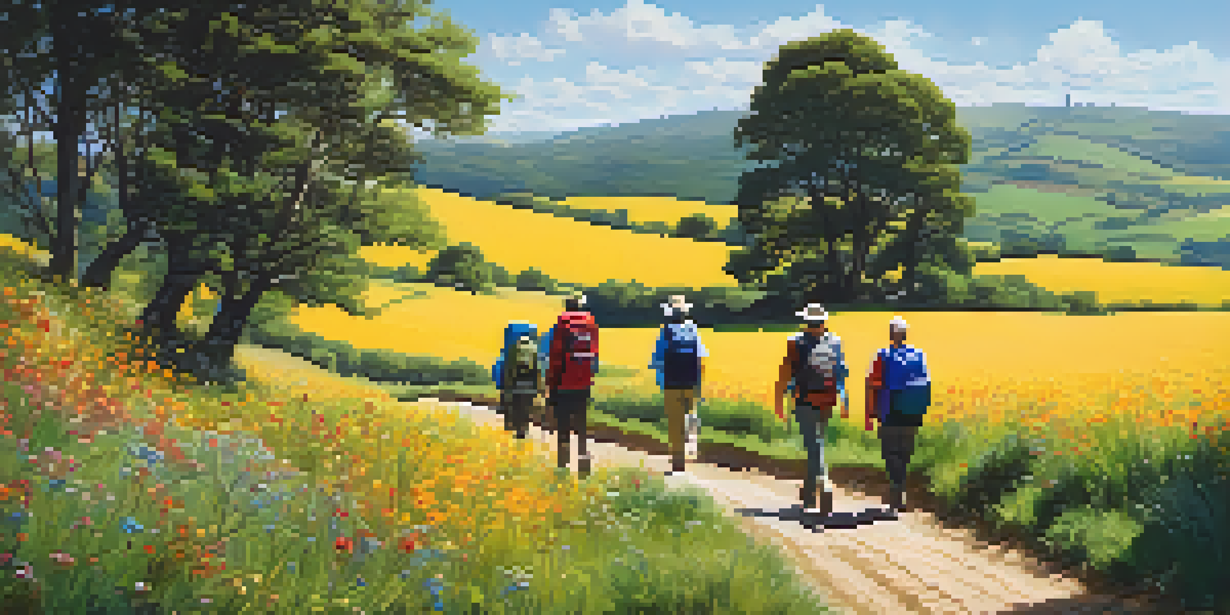 A group of diverse pilgrims walking on the Camino de Santiago, surrounded by green hills and wildflowers under a blue sky.