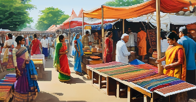 A lively Indian craft fair with colorful stalls and artisans demonstrating traditional art techniques, surrounded by engaged visitors.