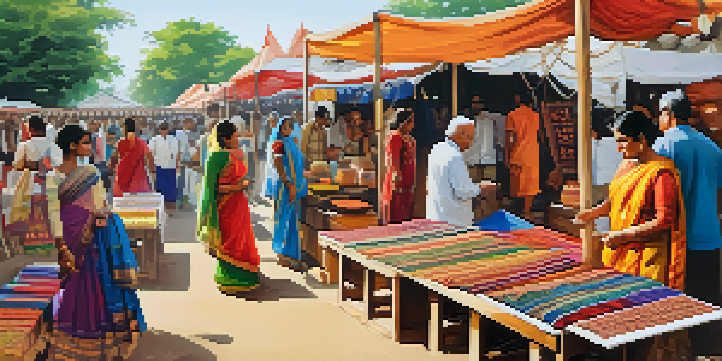 A lively Indian craft fair with colorful stalls and artisans demonstrating traditional art techniques, surrounded by engaged visitors.