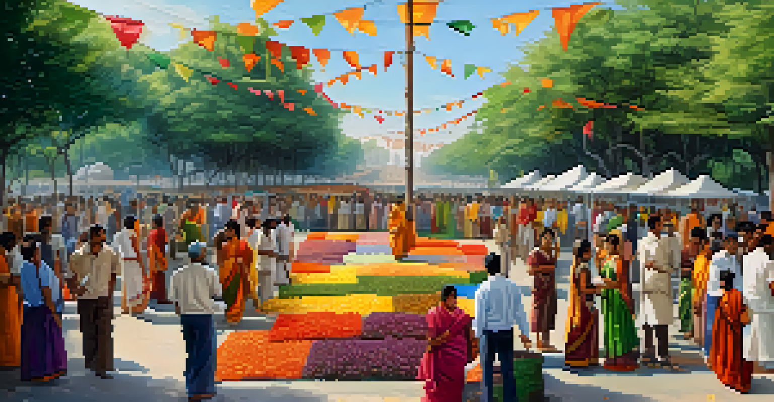 A lively outdoor art exhibition in an Indian city with large installations and people engaging with the artwork under a clear sky.