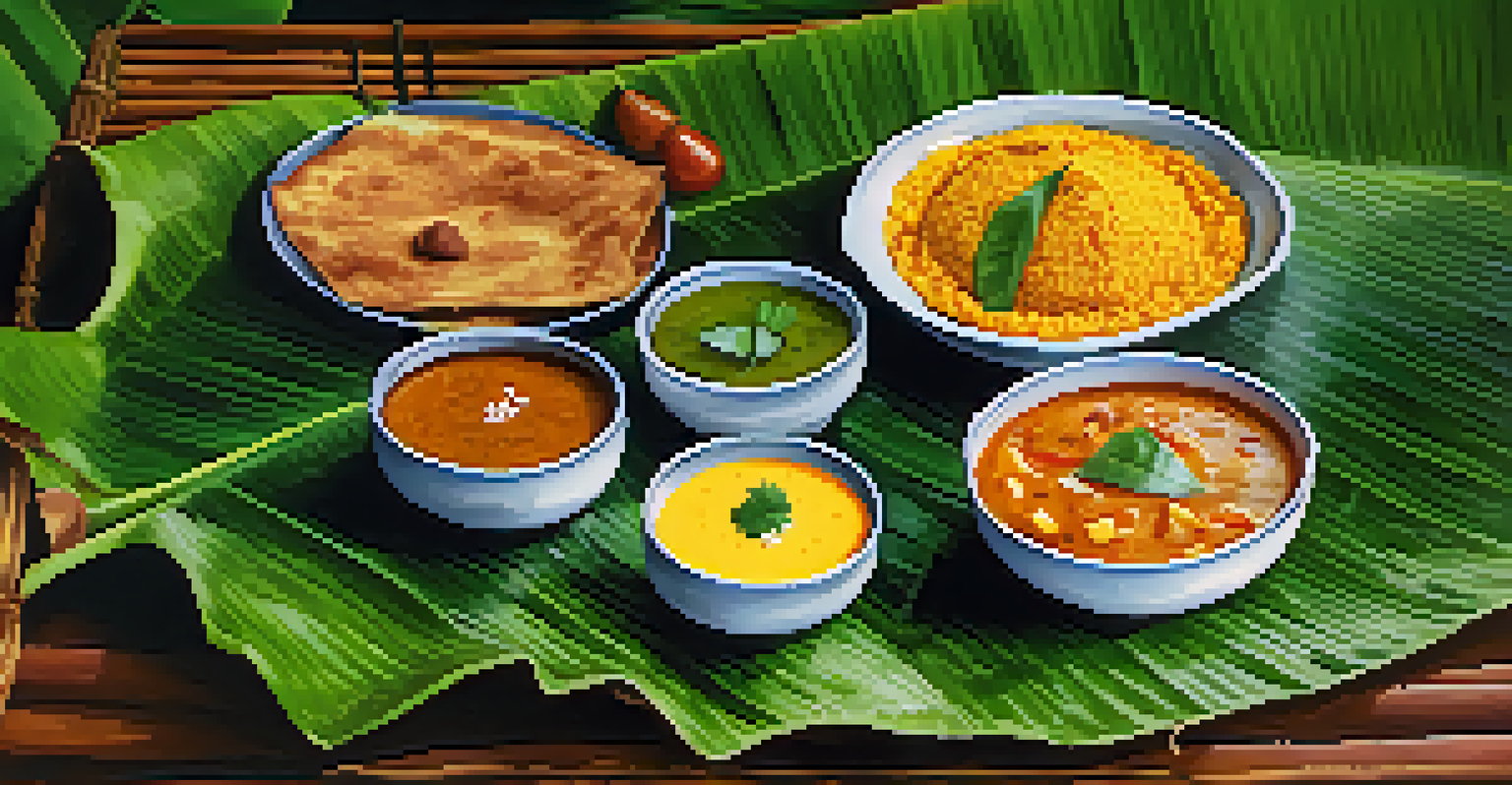 A traditional South Indian meal on a banana leaf, showcasing dosa, sambar, and chutney with vibrant colors.