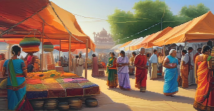 A bustling Indian art and craft fair featuring artisans, colorful stalls, and cultural performances.