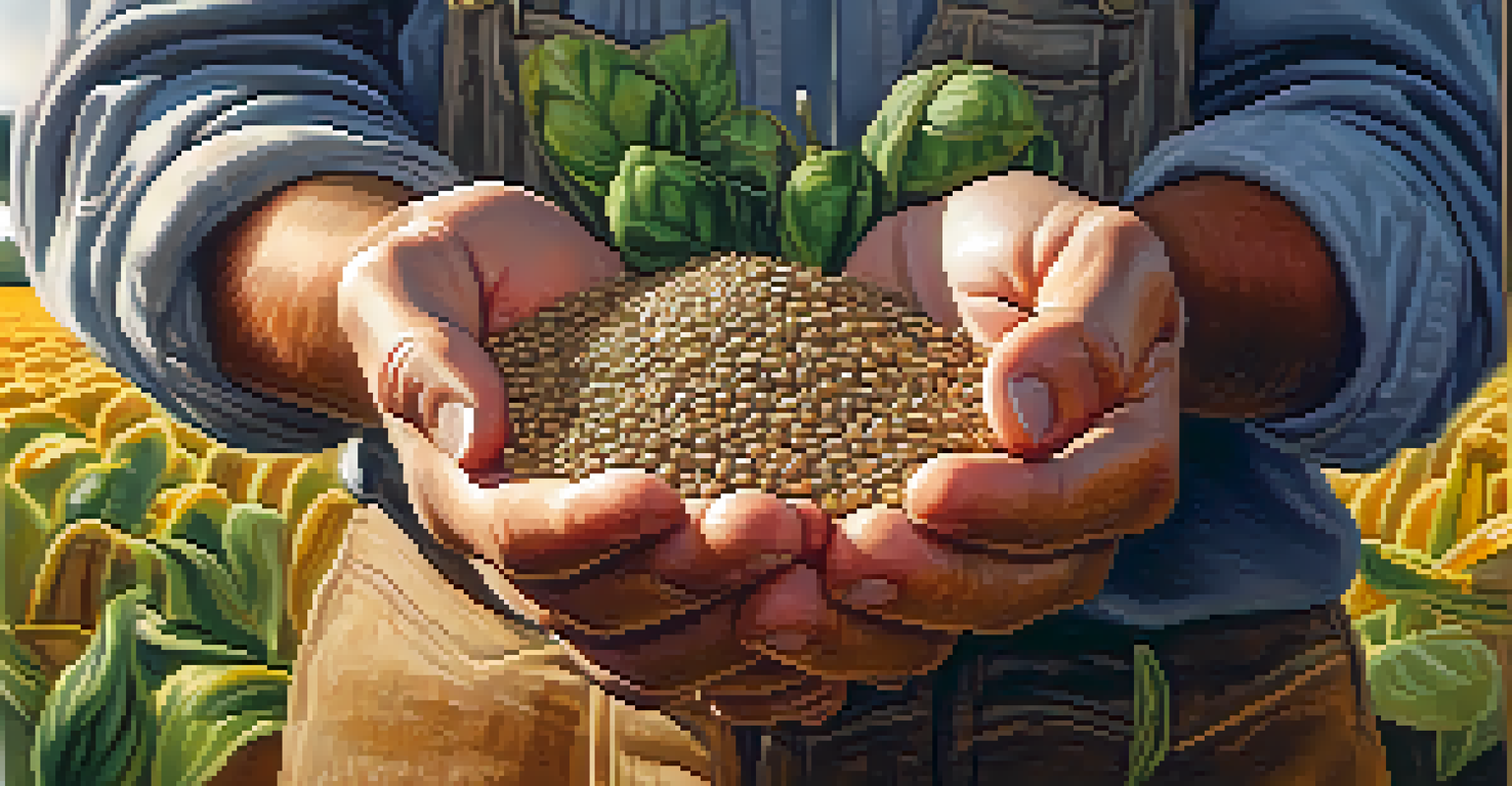 A close-up of a farmer's hands holding various seeds against a bright agricultural field, highlighting the importance of biodiversity.