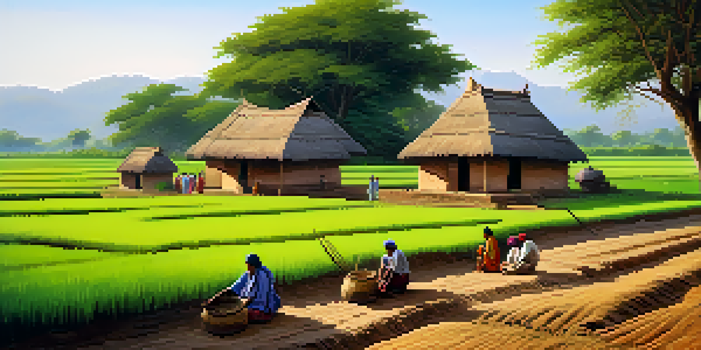 A peaceful countryside scene in India with green fields, wildflowers, and a traditional village home, illuminated by warm sunlight.