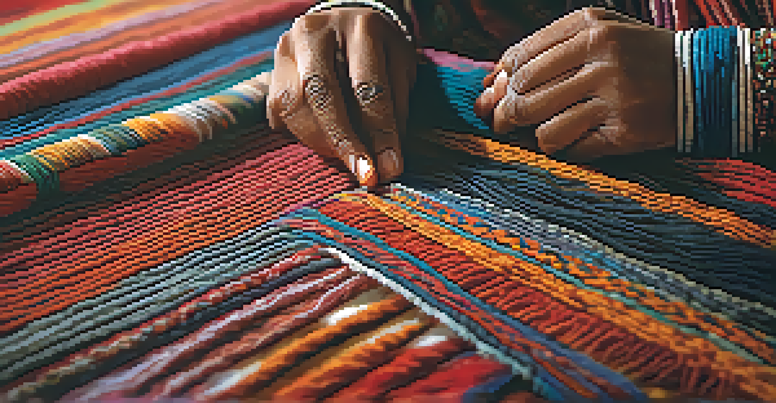 Close-up of hands weaving a colorful Indian rug, highlighting the intricate patterns and textures of the threads.