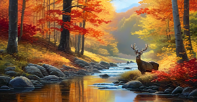 A peaceful autumn scene with colorful trees, a stream, and deer near the water.