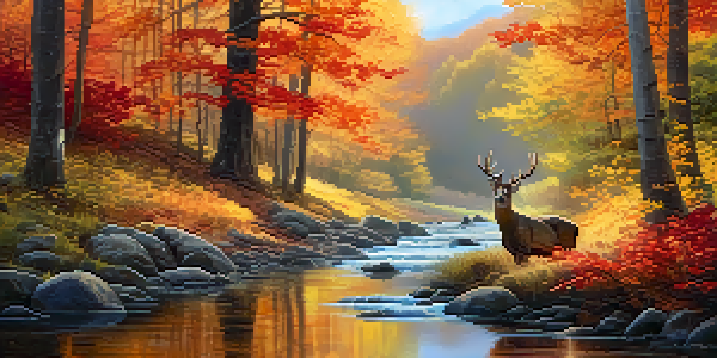 A peaceful autumn scene with colorful trees, a stream, and deer near the water.