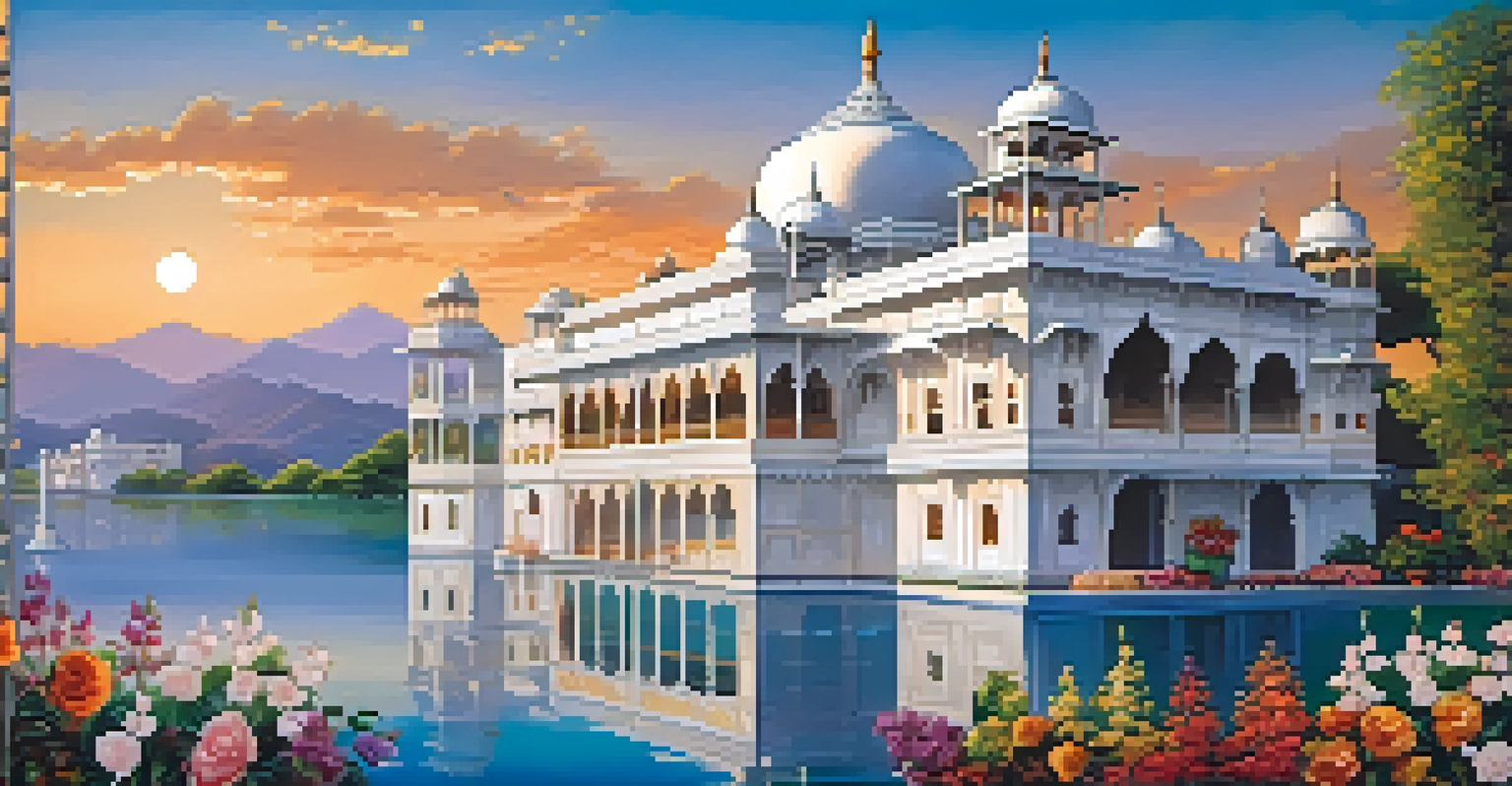 A white marble palace floating on a lake at sunset, surrounded by colorful flowers and lush greenery.