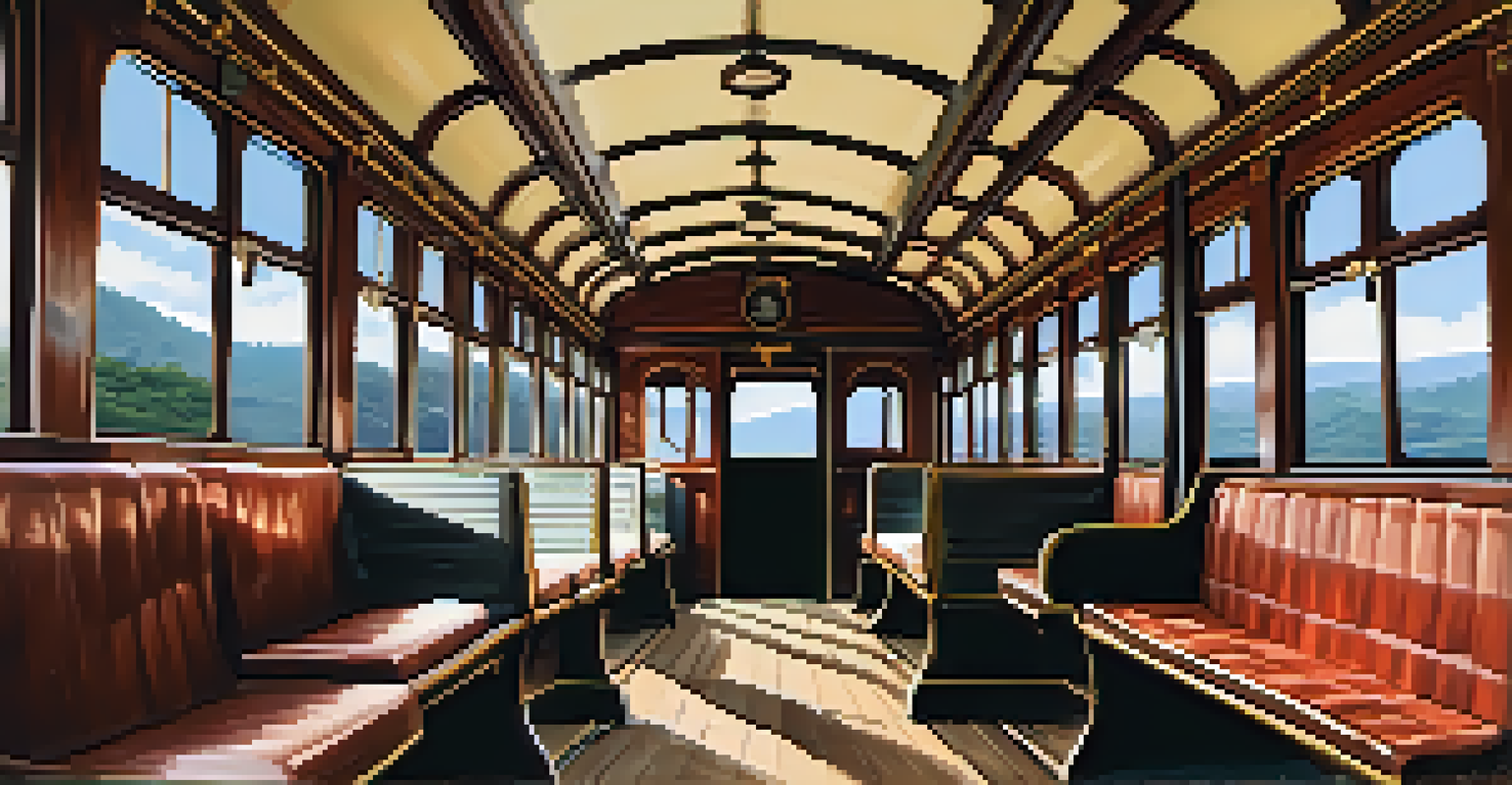Interior of a vintage railway coach showing wooden benches and open windows, with passengers looking out at the scenic landscape of hills and tea estates.