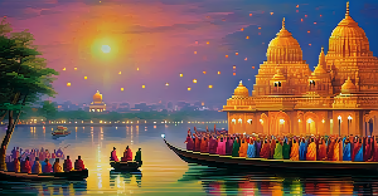 A lively festival along the Yamuna River with colorful decorations, floating flowers, and devotees singing by the water with temples in the background.