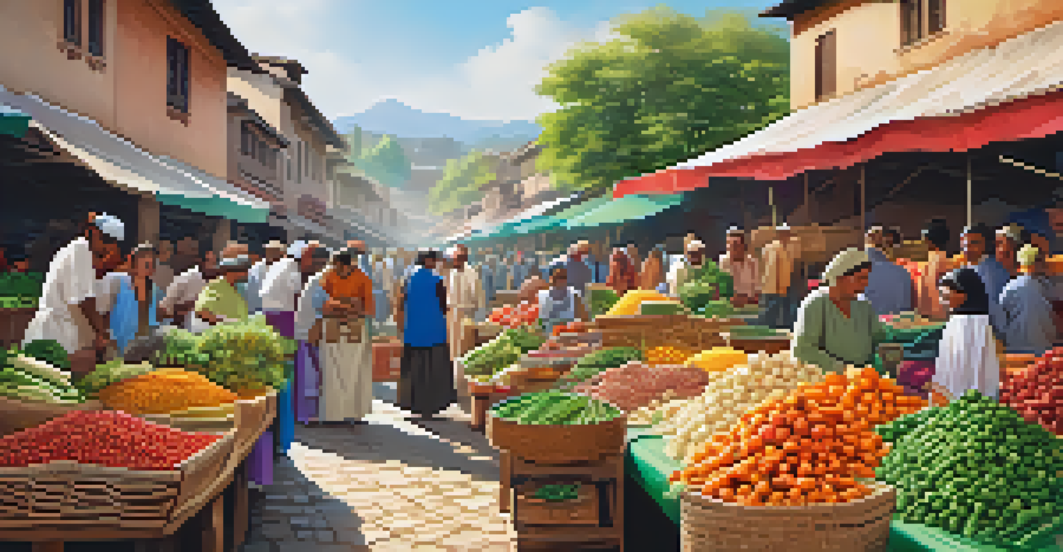 A lively village market with stalls of fresh vegetables and spices, showcasing local farmers and vibrant colors.