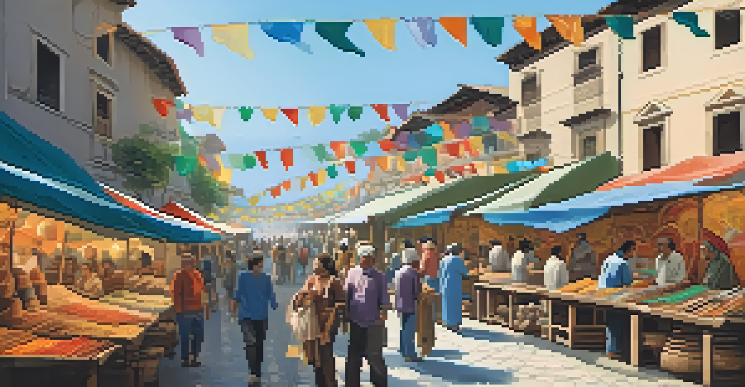 A vibrant artisan market with stalls of handmade crafts, colorful banners, and visitors engaging with artisans under a sunny sky.