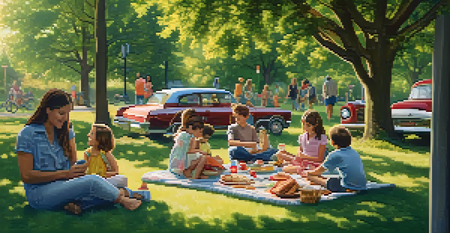 A cheerful neighborhood picnic with families enjoying food, children playing, and a sunny park setting.