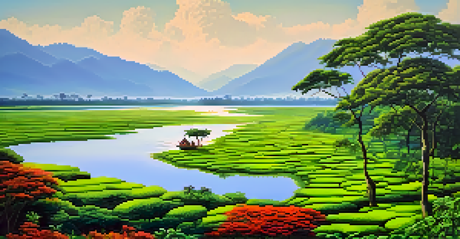 The Brahmaputra River in Assam, featuring tea gardens and a rhinoceros in the landscape under a clear blue sky.