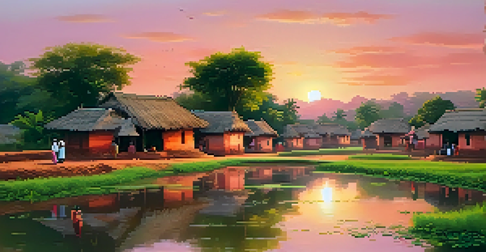 An Indian village at sunset with traditional mud houses, a pond, and villagers in colorful clothing.