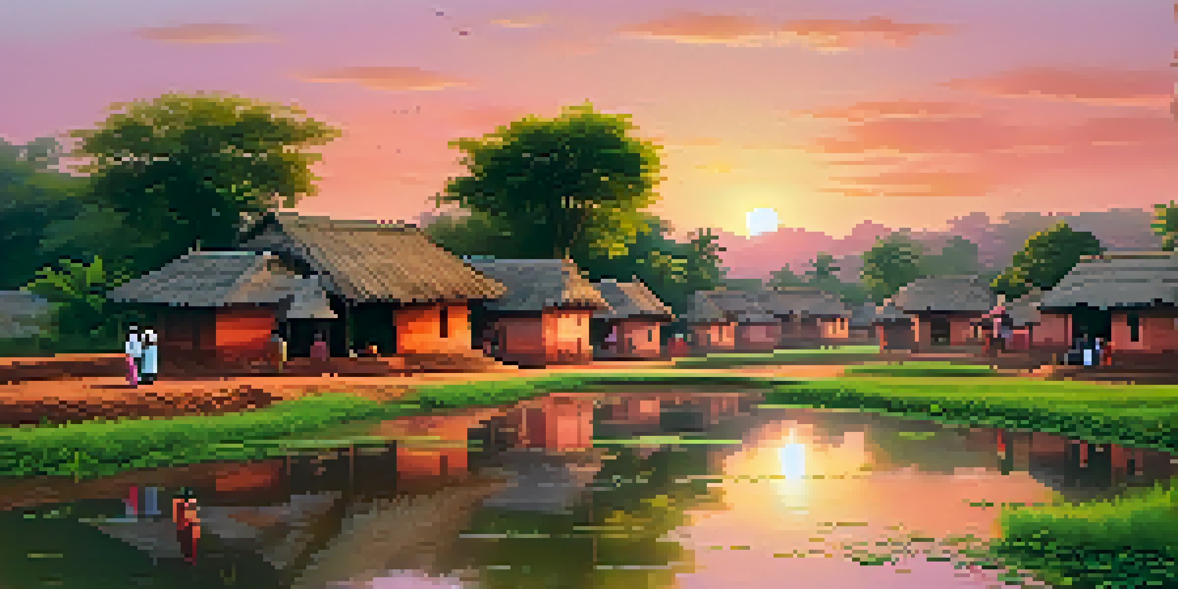 An Indian village at sunset with traditional mud houses, a pond, and villagers in colorful clothing.