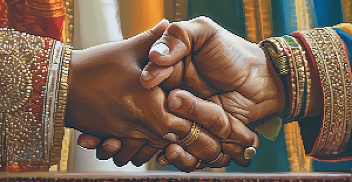 A close-up image of two hands in a 'Namaste' greeting against a blurred office background, symbolizing respect and warmth.
