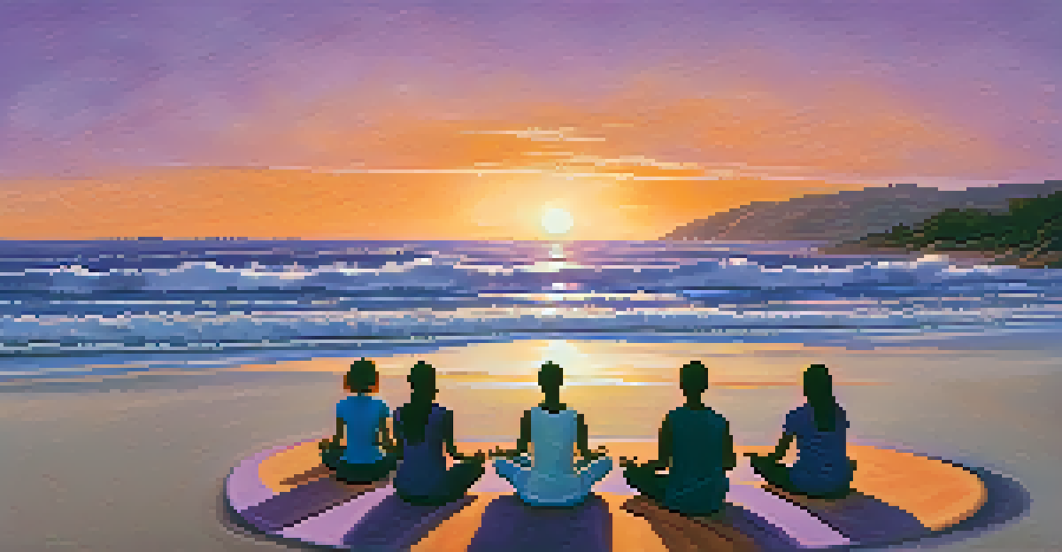 Participants meditating in a circle on the beach at sunset, with a colorful sky and calm waves in the background.