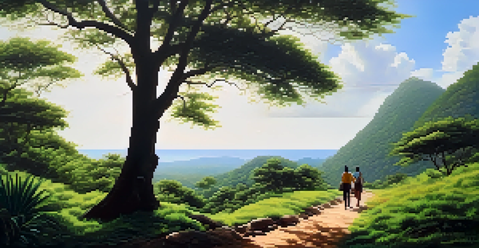 A peaceful scene of eco-tourists walking through a lush green forest near a coastline in India, under a clear blue sky with sunlight filtering through the trees.