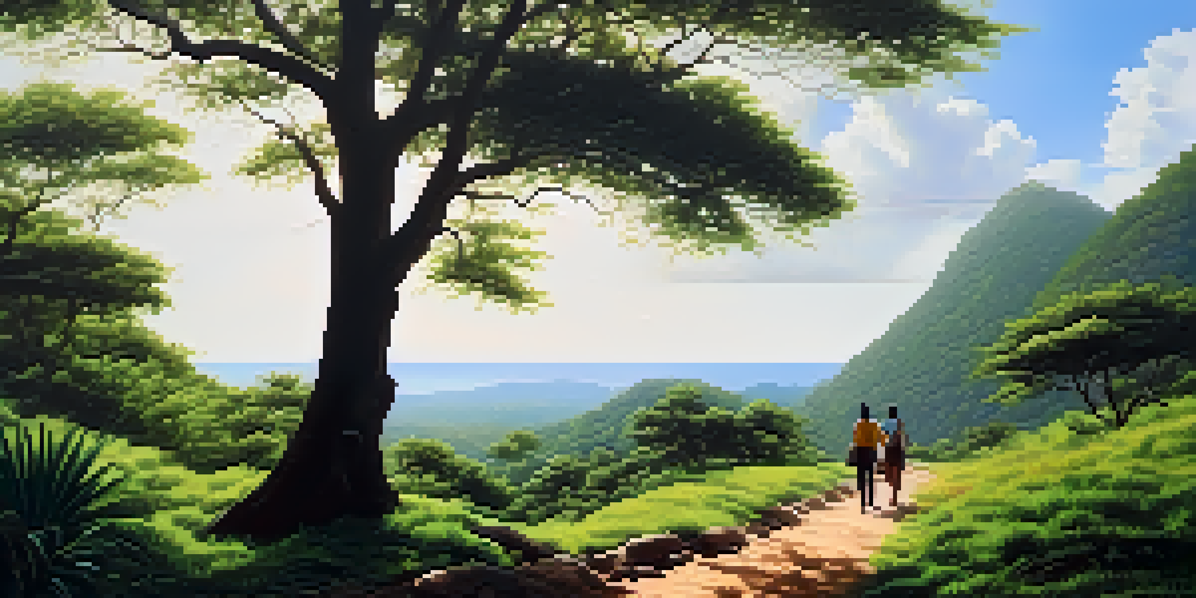 A peaceful scene of eco-tourists walking through a lush green forest near a coastline in India, under a clear blue sky with sunlight filtering through the trees.