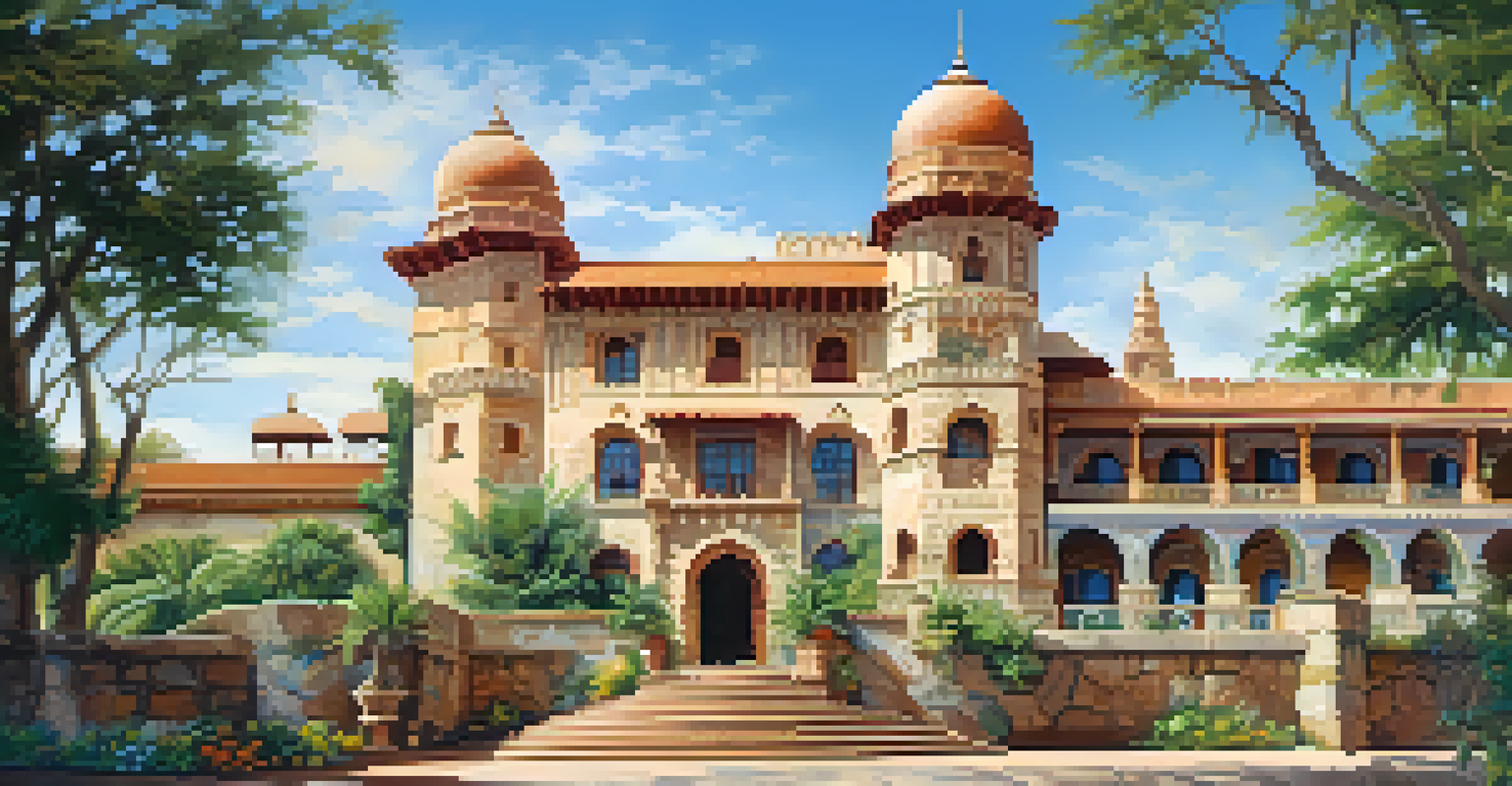 A majestic heritage fort hotel with intricate carvings and colorful frescoes, surrounded by vibrant local flora and a clear blue sky.