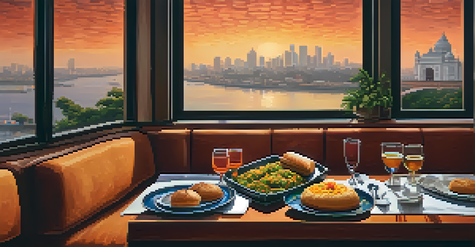 A stylish restaurant table in Mumbai with a plate of vada pav and pav bhaji, set against the city skyline.
