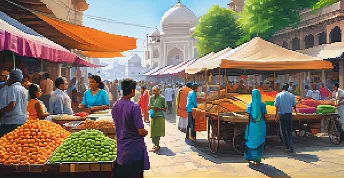 A busy Indian street food market with colorful stalls, fresh fruits, spices, and people enjoying food.