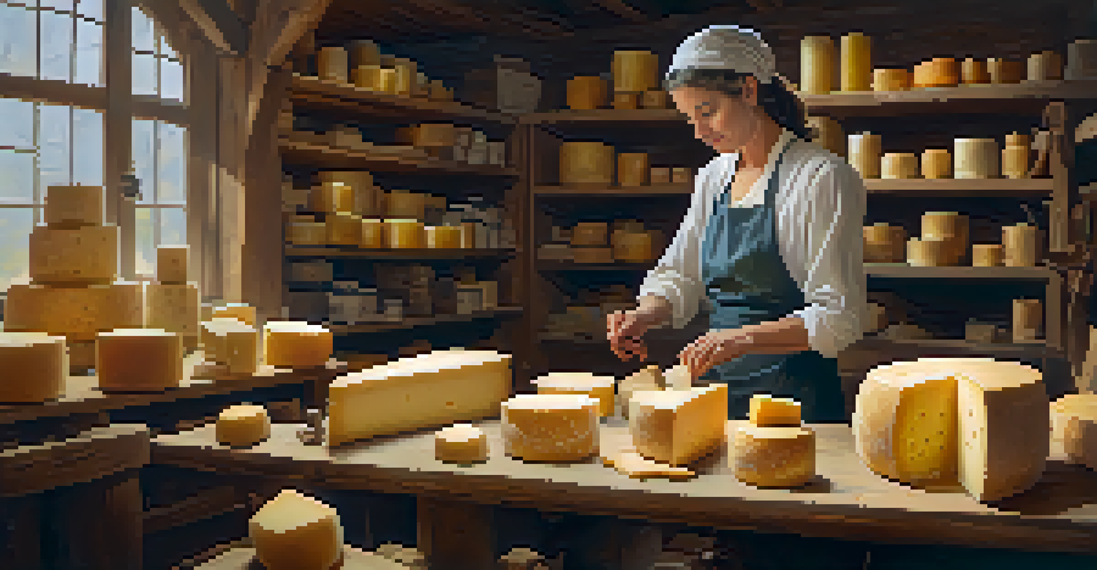 An artisan cheese maker inspecting cheese in a warm, rustic workshop filled with aging cheese wheels.