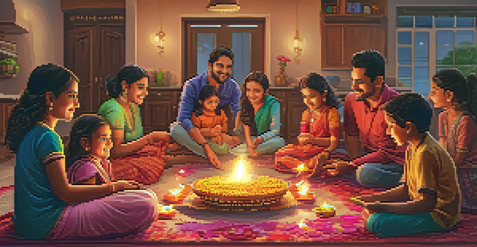 Families celebrating Diwali with diyas, colorful rangoli, and children bursting firecrackers.
