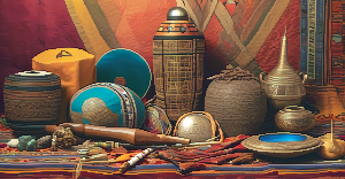 A colorful collage of cultural artifacts, including clothing, crafts, and musical instruments, set against a warm gradient background.