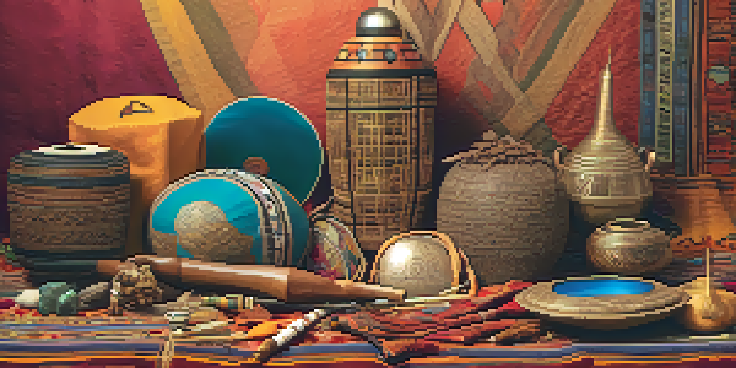 A colorful collage of cultural artifacts, including clothing, crafts, and musical instruments, set against a warm gradient background.