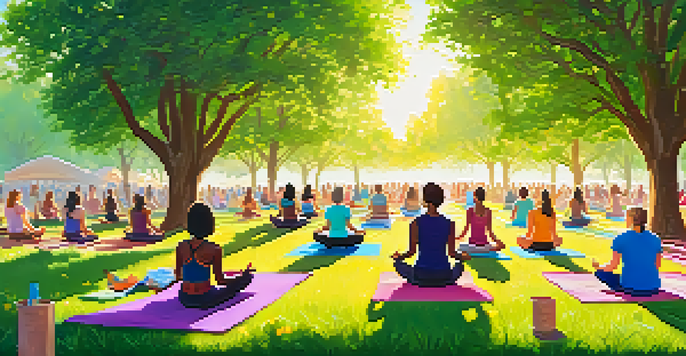 A lively outdoor wellness festival with people practicing yoga on colorful mats in a green field, surrounded by flowers and trees under a bright sun.