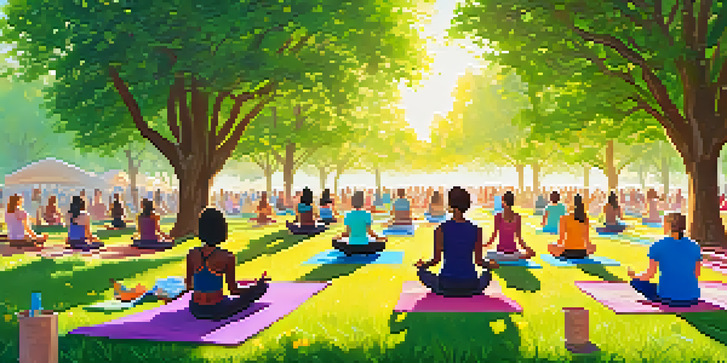 A lively outdoor wellness festival with people practicing yoga on colorful mats in a green field, surrounded by flowers and trees under a bright sun.