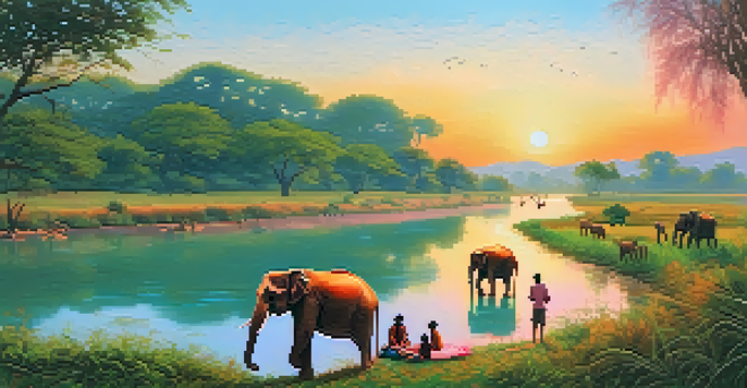 A family picnic by the river in Jim Corbett National Park during sunset, with elephants and deer in the background.