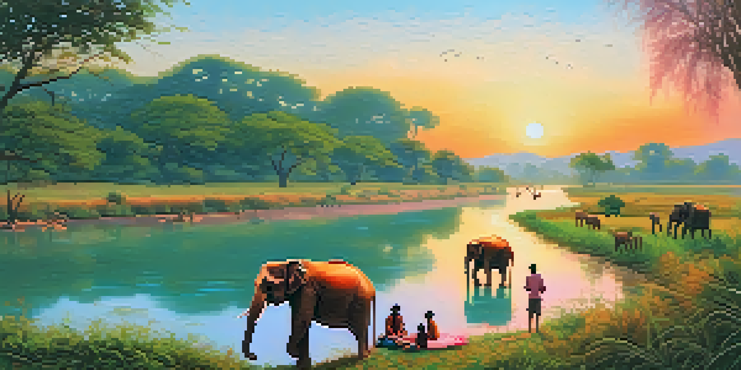 A family picnic by the river in Jim Corbett National Park during sunset, with elephants and deer in the background.