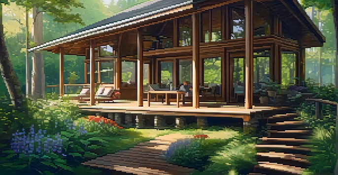 A cozy eco-friendly lodge in a green forest with large windows, flowers, and trees, with sunlight filtering through the leaves.