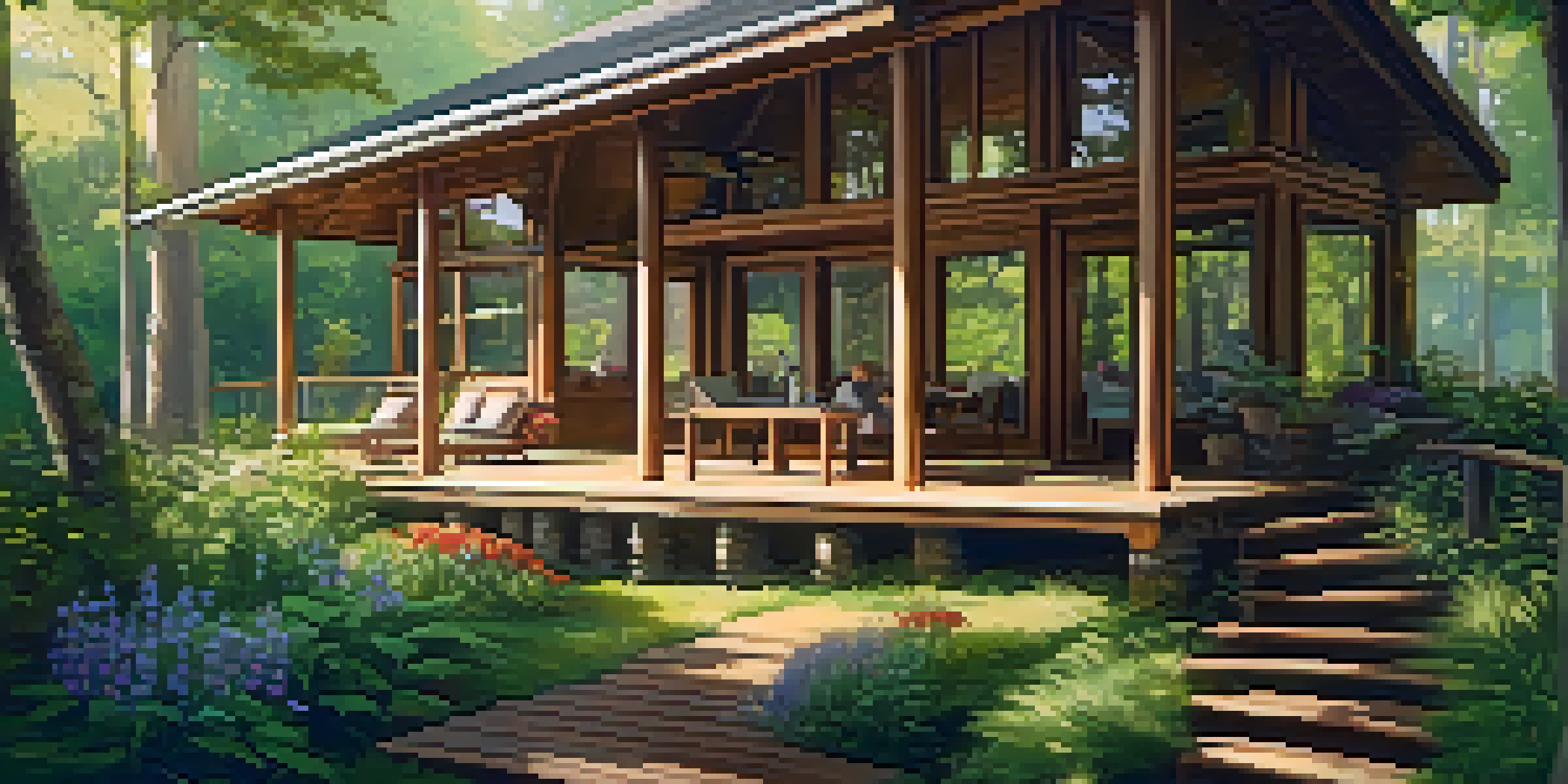 A cozy eco-friendly lodge in a green forest with large windows, flowers, and trees, with sunlight filtering through the leaves.