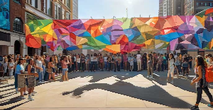A colorful urban art installation made of recycled materials, with people interacting with it and various political messages in the background.