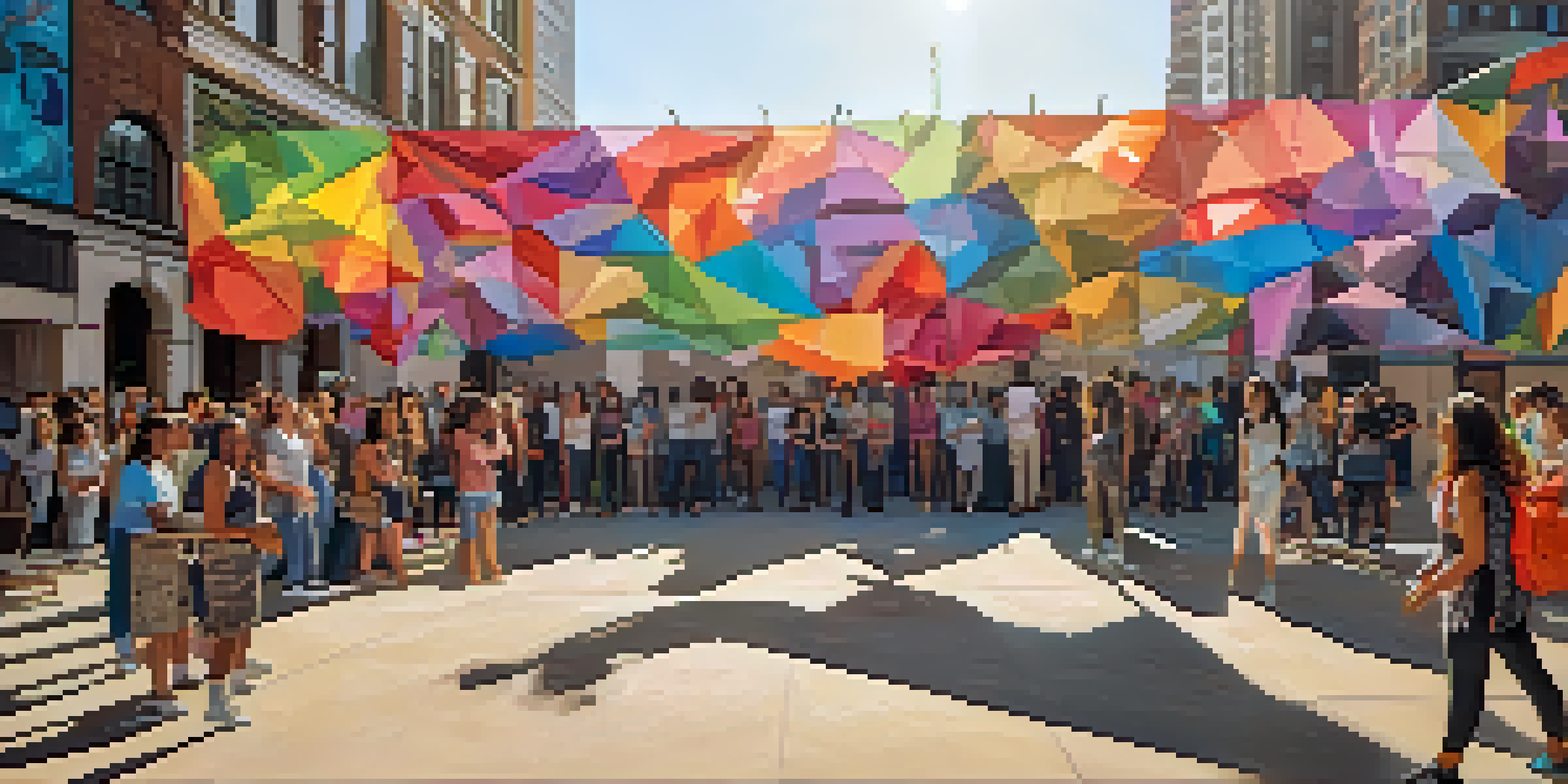 A colorful urban art installation made of recycled materials, with people interacting with it and various political messages in the background.