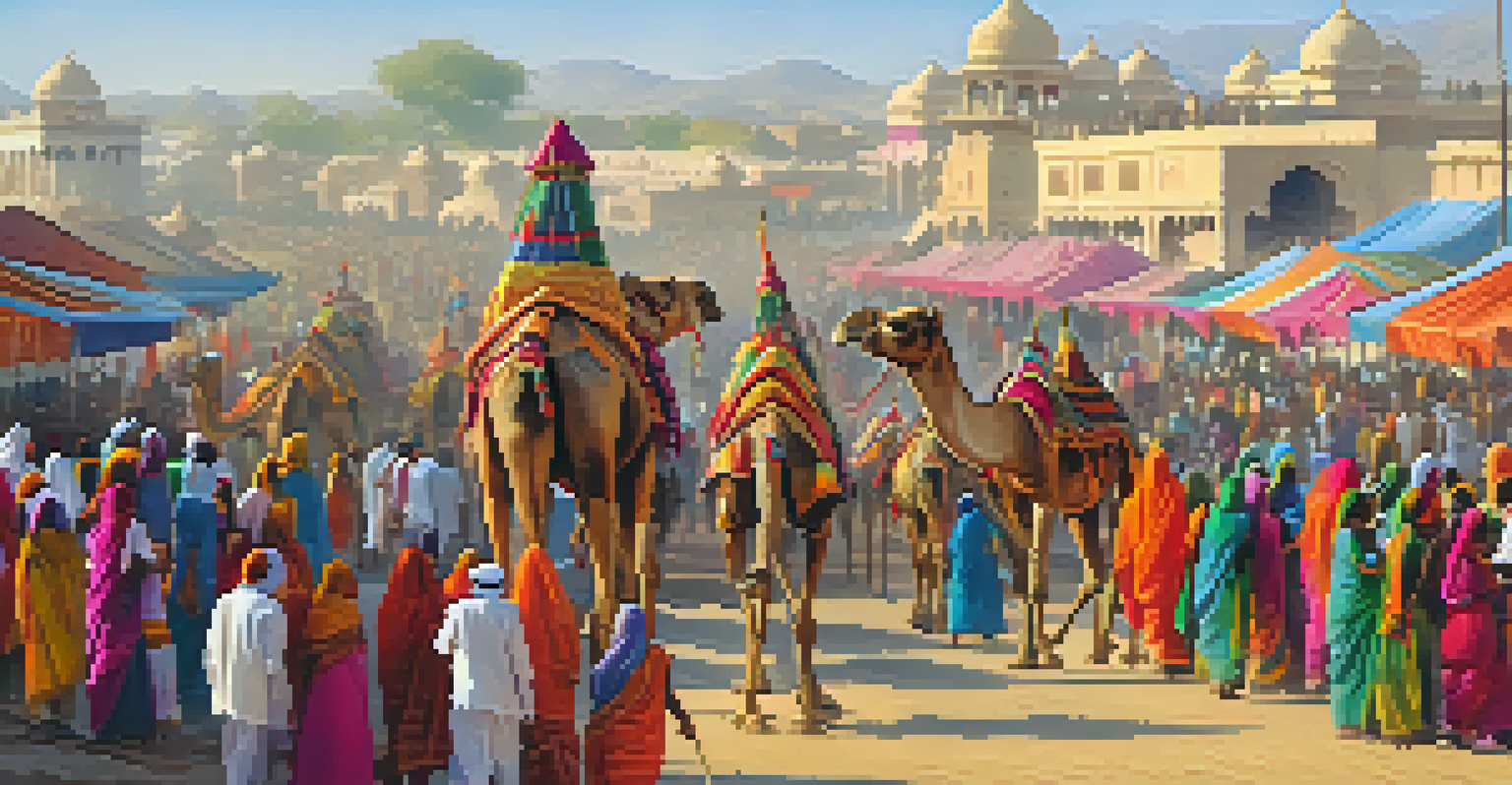 A lively scene at the Pushkar Camel Fair featuring colorful stalls, camels, and cultural performances.