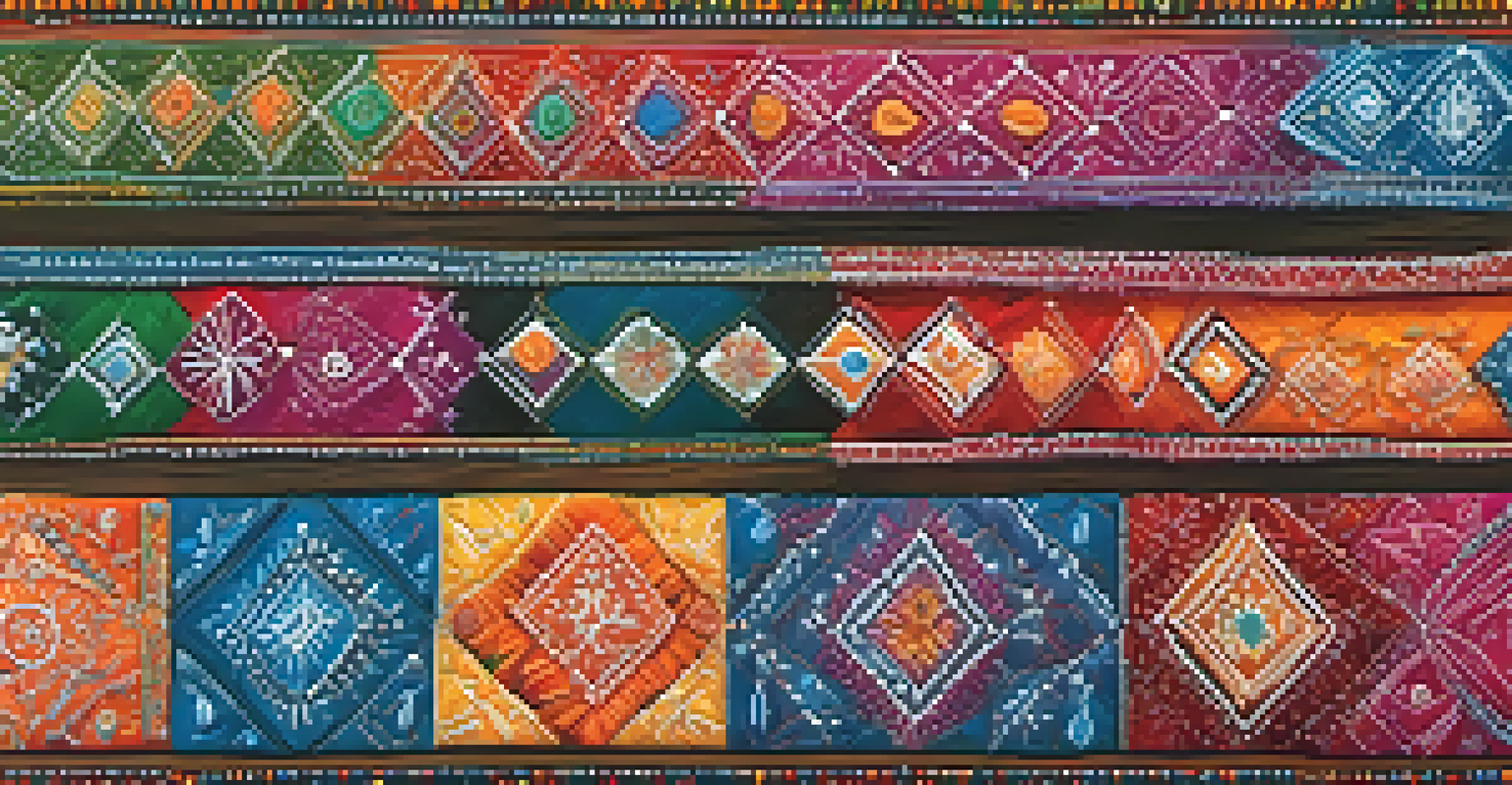 Display of different regional Indian embroidery styles on a wooden background, showcasing their unique colors and stitches.