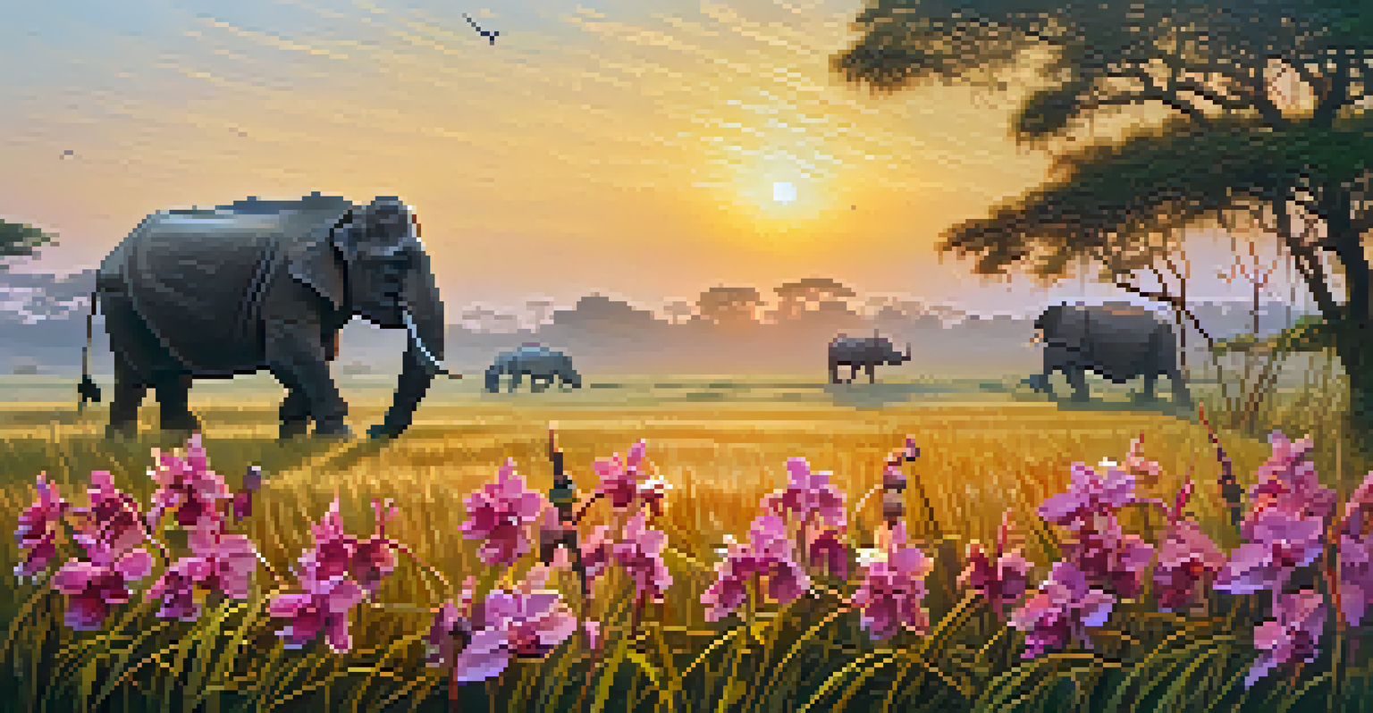 A field of colorful orchids in Kaziranga National Park with rhinoceroses grazing in the background.