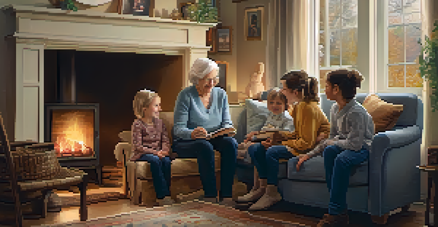 An elderly woman telling stories to her grandchildren by a fireplace, surrounded by family photos in a warmly lit room.